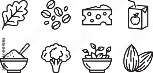 Healthy Food Icons with Leafy Greens and Dairy Products