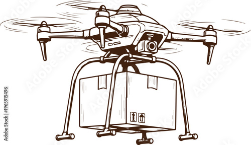 Drone equipped with a cargo delivery system for transporting packages. Vector, illustration