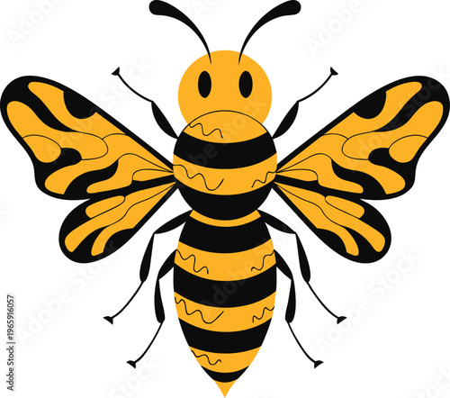 A vibrant yellow and black striped cartoon illustration of a friendly flying bumble bee bug icon