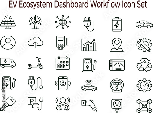 Electric vehicle ecosystem dashboard workflow line icon set for energy charging infrastructure mobility analytics interface symbols vector applications