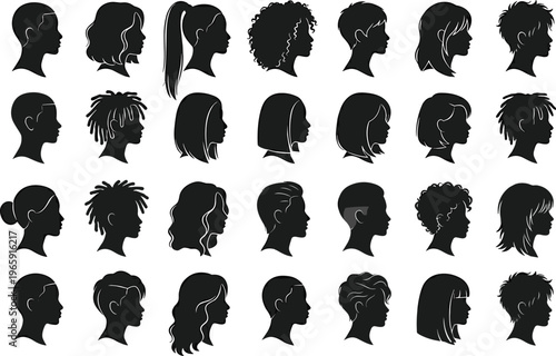 Black Hair Silhouette Vector Set Featuring Diverse Female Profile Icons Including Curls Braids Pixie Cuts Bob Hairstyles and Modern Fashion Trends