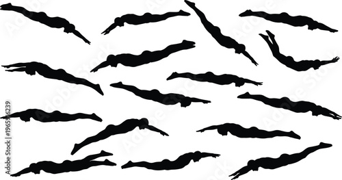 Swimming silhouette collection featuring divers and swimmers in various poses underwater or at the surface isolated on white background for creative design