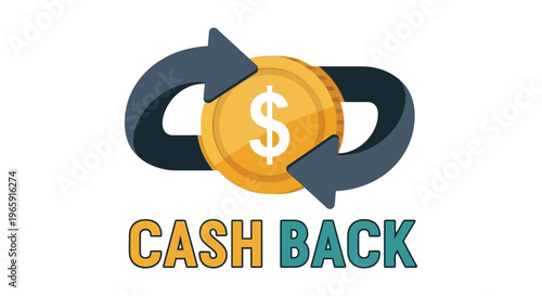 Simple vector graphic illustration featuring a gold dollar coin encircled by dark gray returning arrows symbolizing a dynamic and profitable financial cash back transaction concept.