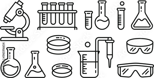 Fotografía Science laboratory icons, lab equipment symbols, chemistry research illustration