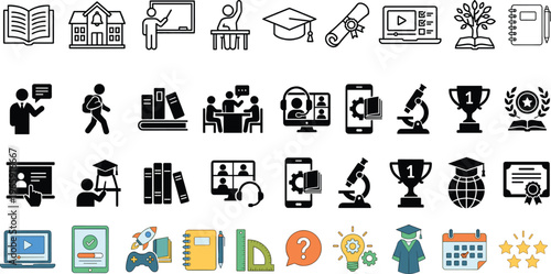 Education and Learning Icon Set Featuring School, Online Courses, Graduation, Teaching, Study Materials, Academic Achievement, and E-learning Elements for UI Design