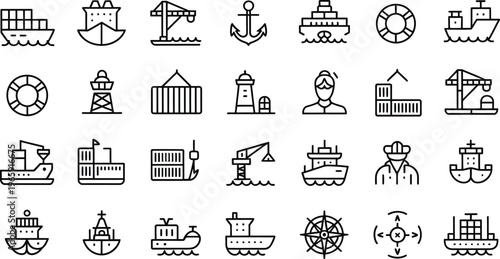 Nautical icons, marine symbols, boat logos, 25 vector graphics