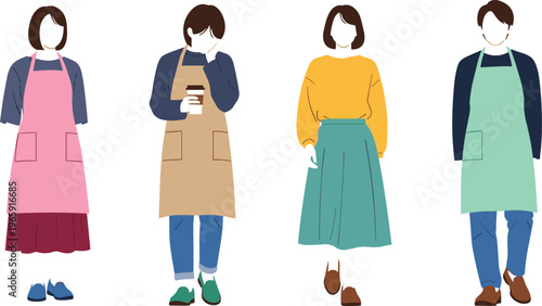 Flat vector illustration of a diverse group of professional staff and cafe baristas wearing colorful aprons and stylish casual clothing
