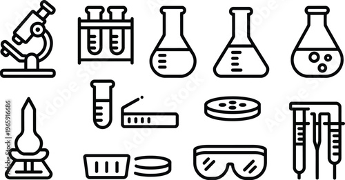 Laboratory equipment icons, science symbols, lab tools, black line illustrations