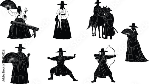 Vintage western cowboy silhouettes set isolated on white background gunslinger poses outlaw characters sheriff bandit duel action illustration collection design vector graphic