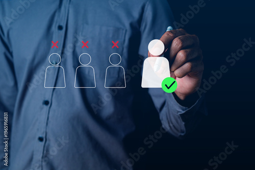 Businessman selecting candidate checkmark among rejected applicants, representing recruitment process, hiring decision, talent acquisition, human resources management and digital employee selection