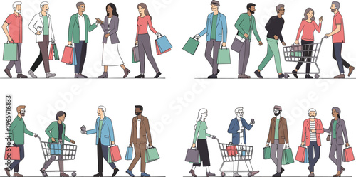 Diverse group of happy multicultural people walking with shopping bags and carts during seasonal sale in modern retail mall center