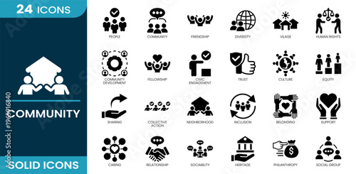 Community icon set. People, community, support, inclusion, relationship, culture, sharing, neighborhood, social group, civic engagement, diversity, belonging, friendship and more. Solid vector icons.