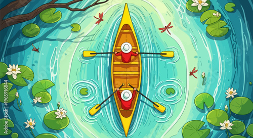 Colorful kayak, canoe boat, water sports, lily pads, nature scenes, outdoor activities