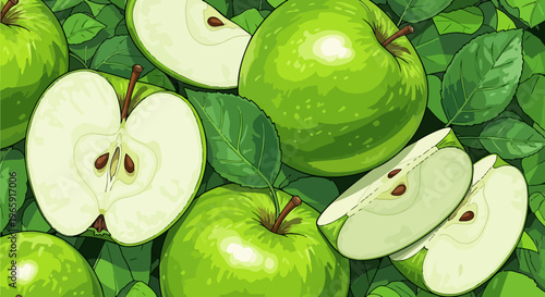 Green apples, sliced apples, apple illustration, fruit vector graphics