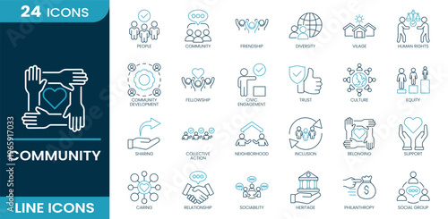 Community icon set. Community, people, diversity, friendship, inclusion, belonging, sharing, civic engagement, neighborhood, support, culture, social group, relationship and more. Line vector icons.