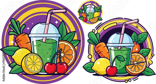 Fresh juice icons, colorful smoothie labels, fruit drink stickers, healthy beverage graphics