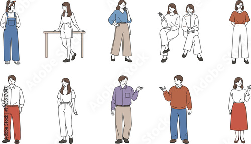 Modern flat vector illustration collection of diverse young people standing and sitting in casual stylish outfits for lifestyle web design
