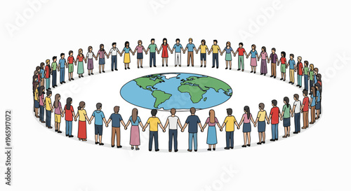 Diverse group of people from around the world holding hands in a circle around a globe on a white background, conveying unity and global connection on a special day.
