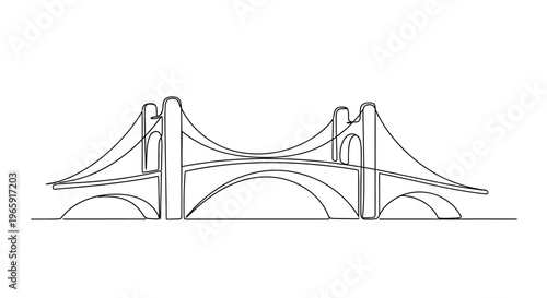Minimalist Suspension Bridge Line Art Drawing, Modern Architectural Design, Continuous Line Style