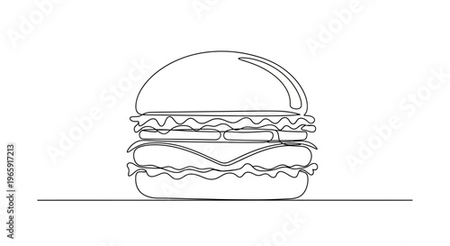 Minimalist single line drawing of a delicious cheeseburger on a white background