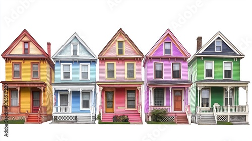Row of colorful Victorian houses with intricate architectural details along a street