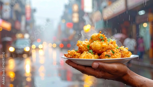 Holding a Plate of Hot Fresh Fried Pakoras on a Rainy City Street, Delicious Indian Street Food Snack with Steam and Bokeh Background, Crispy Vegetable Fritters for Monsoon Seasoning