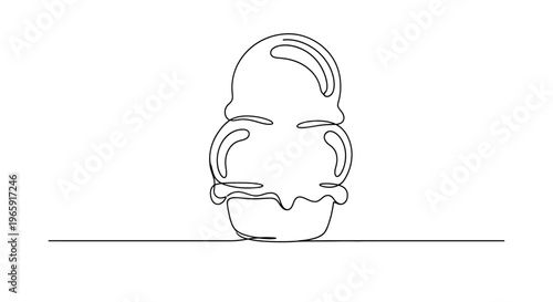 Minimalist Single Line Drawing of Ice Cream Cones with Scoops
