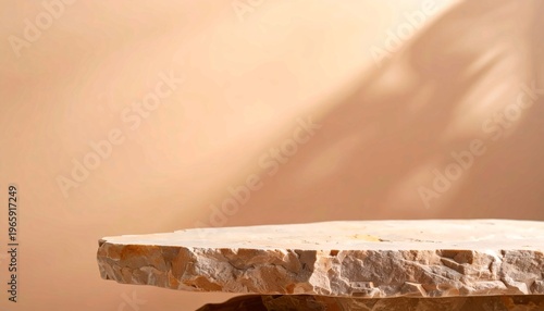 Natural Stone Podium for Product Presentation, Minimalist Rock Pedestal on Neutral Beige Background with Soft Sunlight Shadows, Elegant Earthy Showcase for Organic Cosmetics Branding