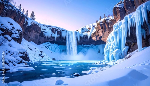 Stunning Frozen Waterfall in Winter Landscape with Blue Ice Formations and Snow Covered Rocks, Majestic Arctic Nature Scene with Icicles and Cold Frosty Atmosphere at Sunset Horizon