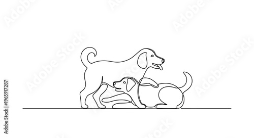 Two dogs playing, one standing, one lying down, line art illustration