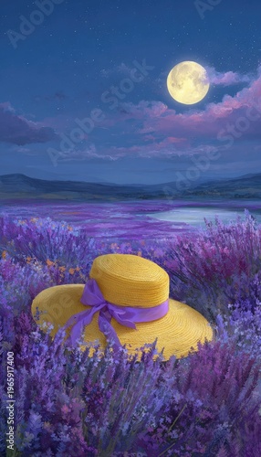 Yellow sun hat rests amidst lavender field under full moon night sky