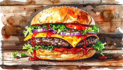 Watercolor Illustration of a Juicy Beef Burger with Cheese Lettuce Onion and Tomato on a Wooden Background, Gourmet Fast Food Painting with Ketchup Drips and Artistic Texture Blur