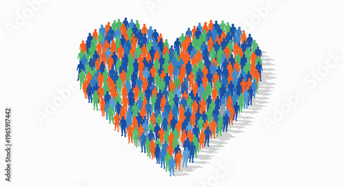 A large group of diverse people forming a heart shape on a white background, representing love and unity on world population day.