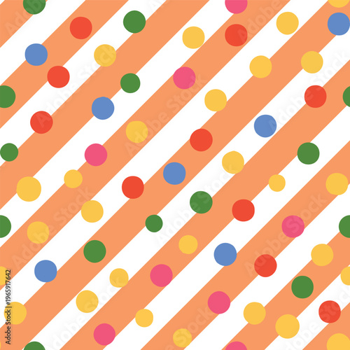 A vibrant seamless pattern featuring diagonal coral stripes and colorful scattered polka dots