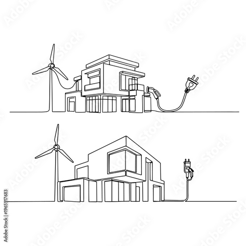 Sustainable Winter Energy Concept with Electric Fan and Eco House Line Art
