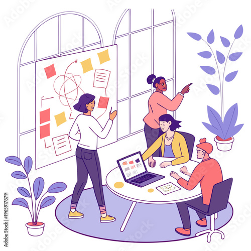 Team meeting involves planning on whiteboard.