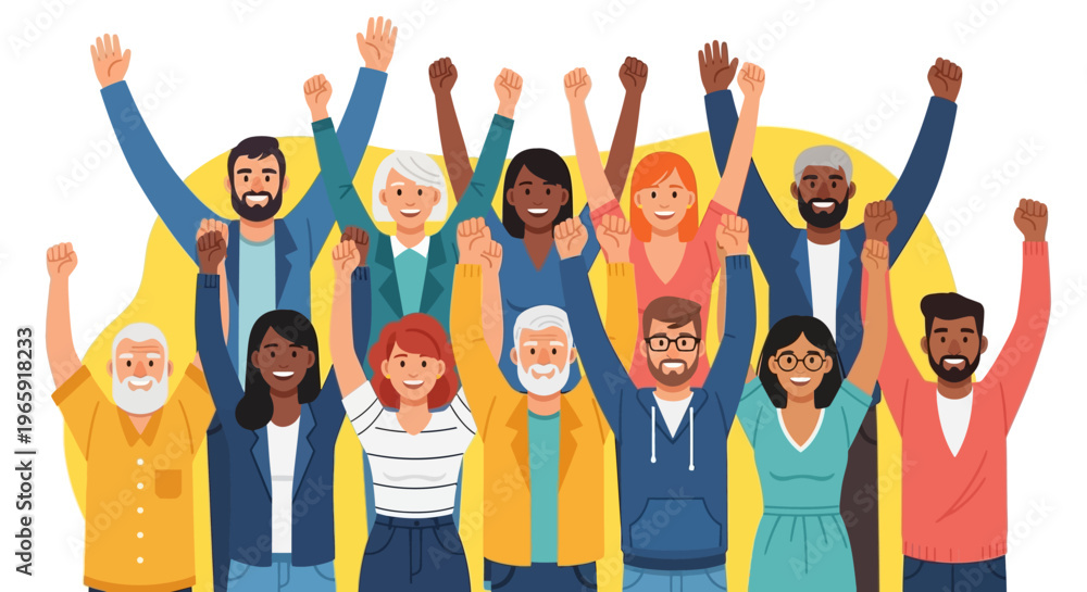 Obraz premium Happy diverse group of people holding hands and smiling together