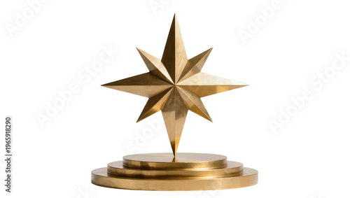 Photos Golden eight-pointed star with sharp facets standing on a tiered circular pedest