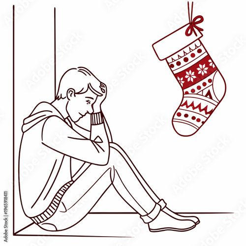 Upset young man thinks near hanging Christmas.