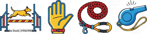 Dog Agility and Obedience Training Icon Set with Leash Whistle and Hurdle for National Pet Day