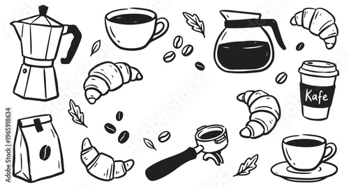 Cafe Delights: Delight in this illustrated cafe scene, featuring essential elements such as freshly baked croissant, coffee and accessories. The perfect graphic to add to your project!