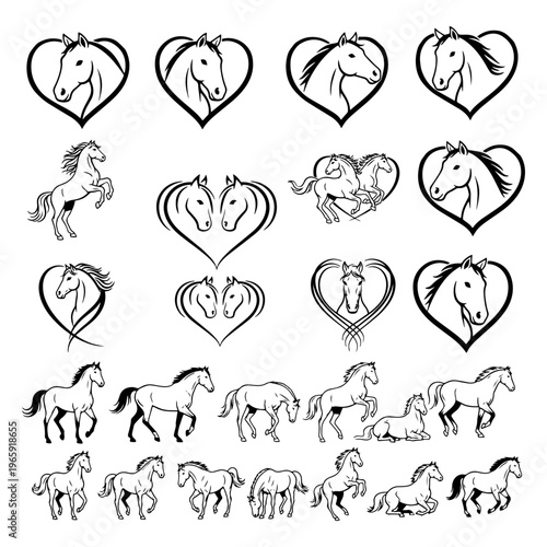 Horse Silhouette Collection with Running Jumping and Heart Shape Poses