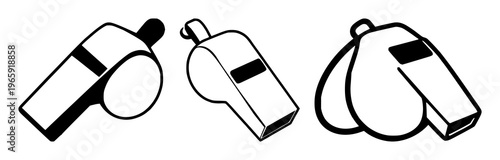 Sport whistle set with solid black icon on white background, minimalistic line design featuring whistle, sports, fitness with gym and class