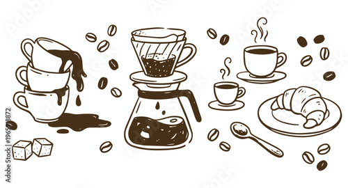 Aromatic Coffee and Delights: A hand-drawn illustration showcases the art of coffee preparation alongside a delightful pastry, perfect for evoking a sense of calm and pleasure.