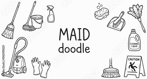 Cleaning Essentials: A whimsical illustration showcases a variety of cleaning tools, ideal for housework, presented in a delightful, hand-drawn style.