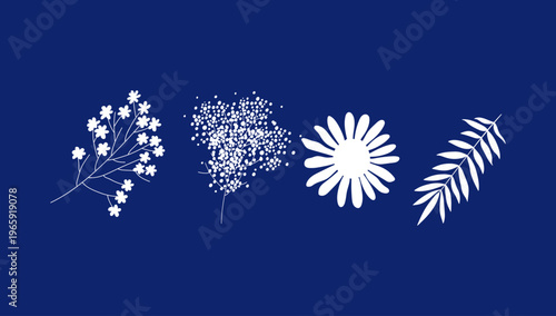 Cyanotype Inspired Illustration Featuring Deep Blue and White Photographic Style Sunlight Chemical Print Effect