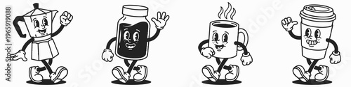 Coffee Items Cartoon Characters: A charming collection of animated coffee-related characters, each with its own unique personality, waving hello and ready to bring a touch of fun to your designs. 