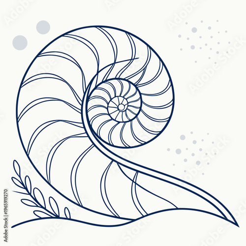 Nautilus shell profile view with visible spiral chambers and septa, accompanied by delicate seaweed and subtle bubbles