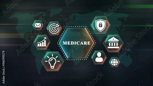 Medicare Hexagon Icons on World Map Background healthcare