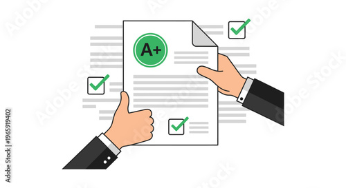Professional hands presenting an academic report or examination result displaying a perfect A plus grade and multiple verified approval checkmarks in a vector illustration design.